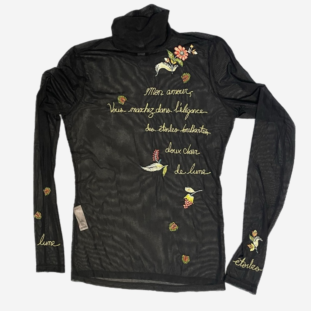 Cinq à Sept Black sheer mesh embroidered turtleneck whimsical dark bohemian S/M - Picture 8 of 16